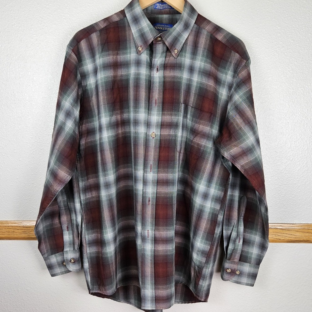Sir Pendleton Men's L Gray Red Plaid 100% Virgin Worsted Wool Long Sleeve Shirt